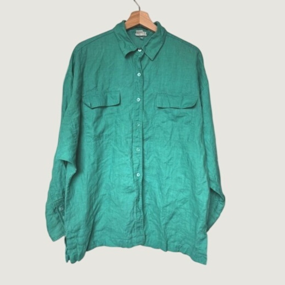 Neiman Marcus Vintage 100% Linen Button Down Shirt Green Teal Oversized Airy14